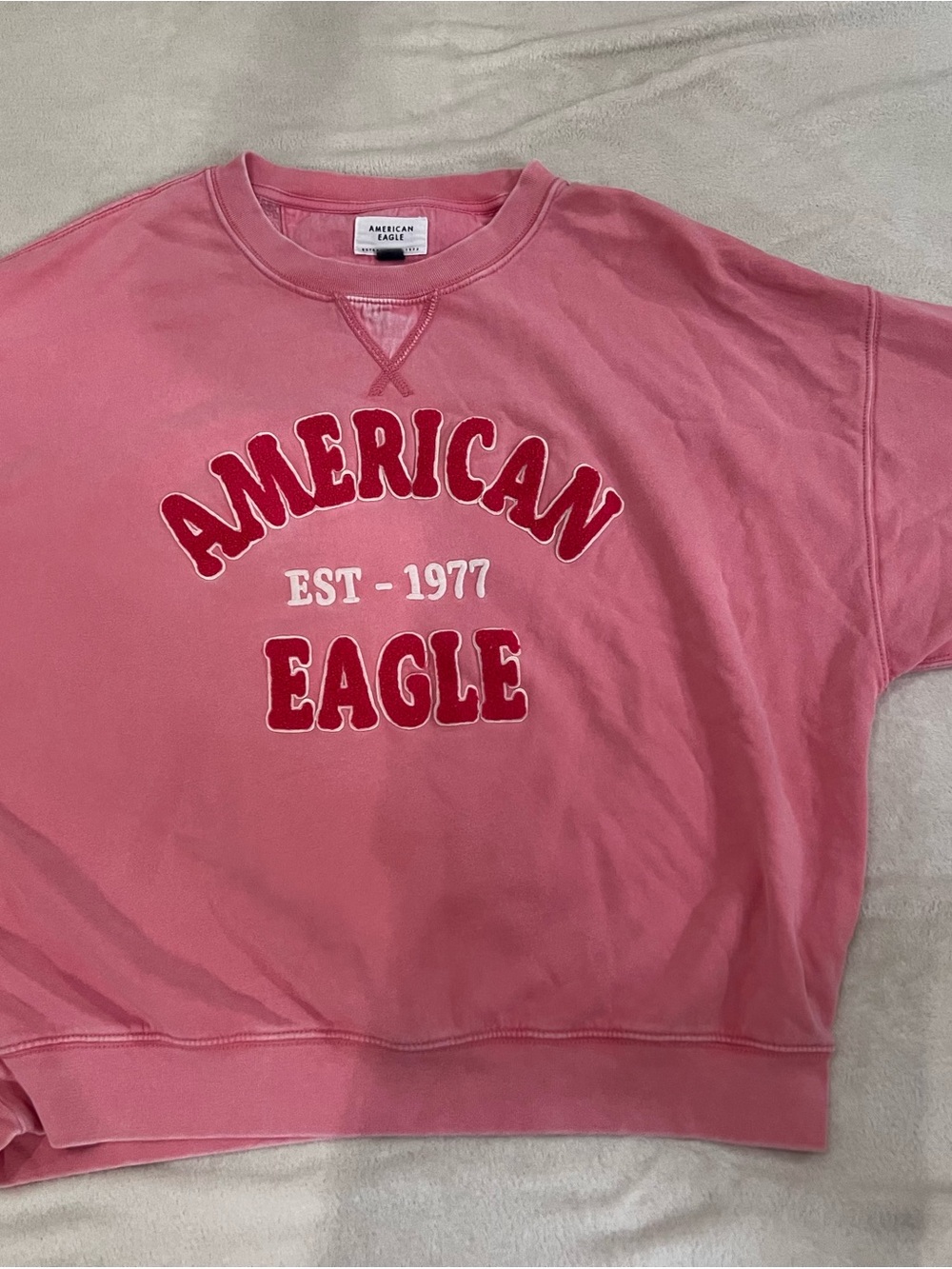 American Eagle Pink Crewneck with Red Lettering